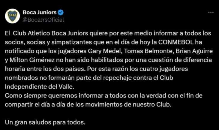 El comunicado de Boca explicando por qué no pueden jugar los refuerzos en la Copa Sudamericana